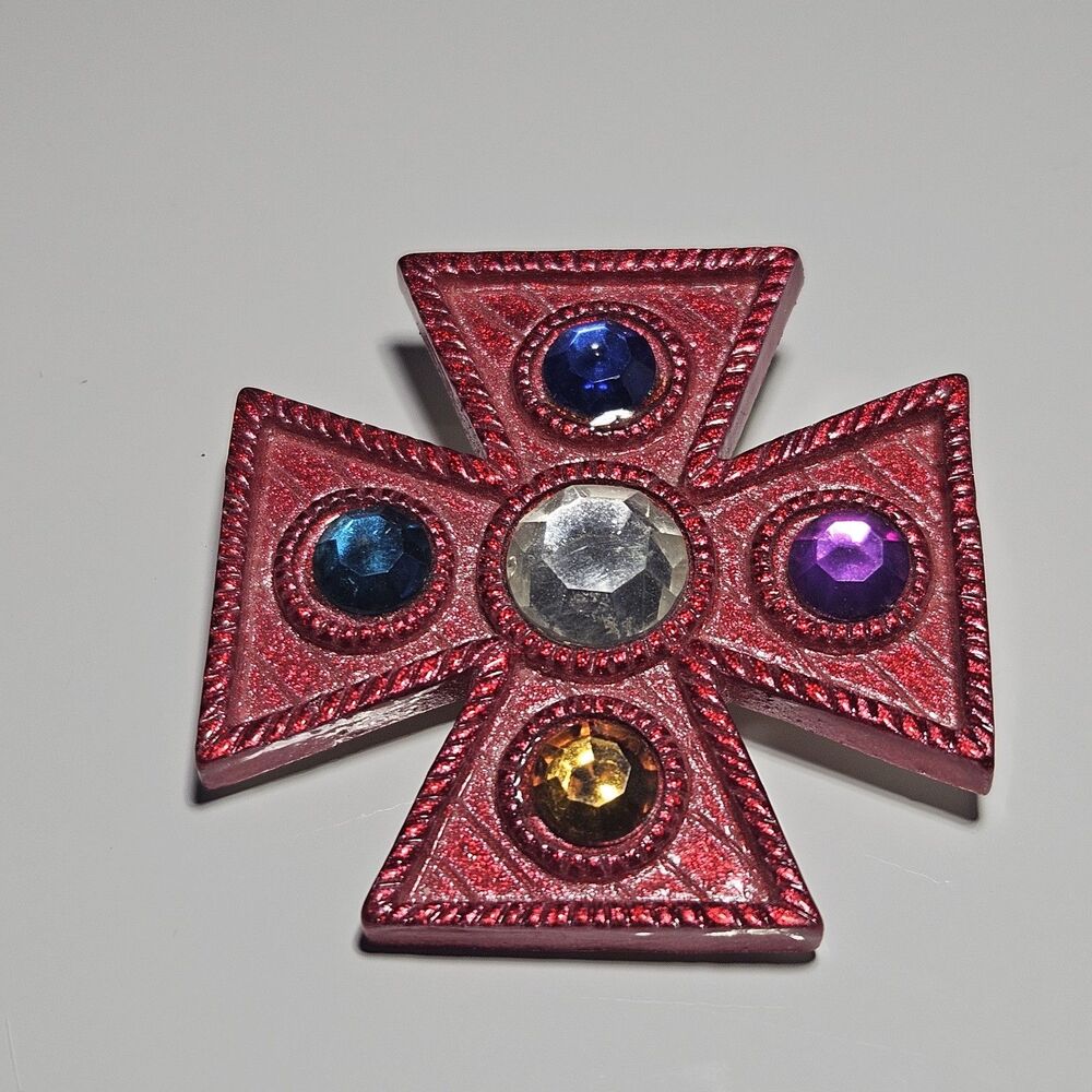 Vintage Red Geometric Cross Multicolored Rhinestones Brooch - Picture 9 of 9